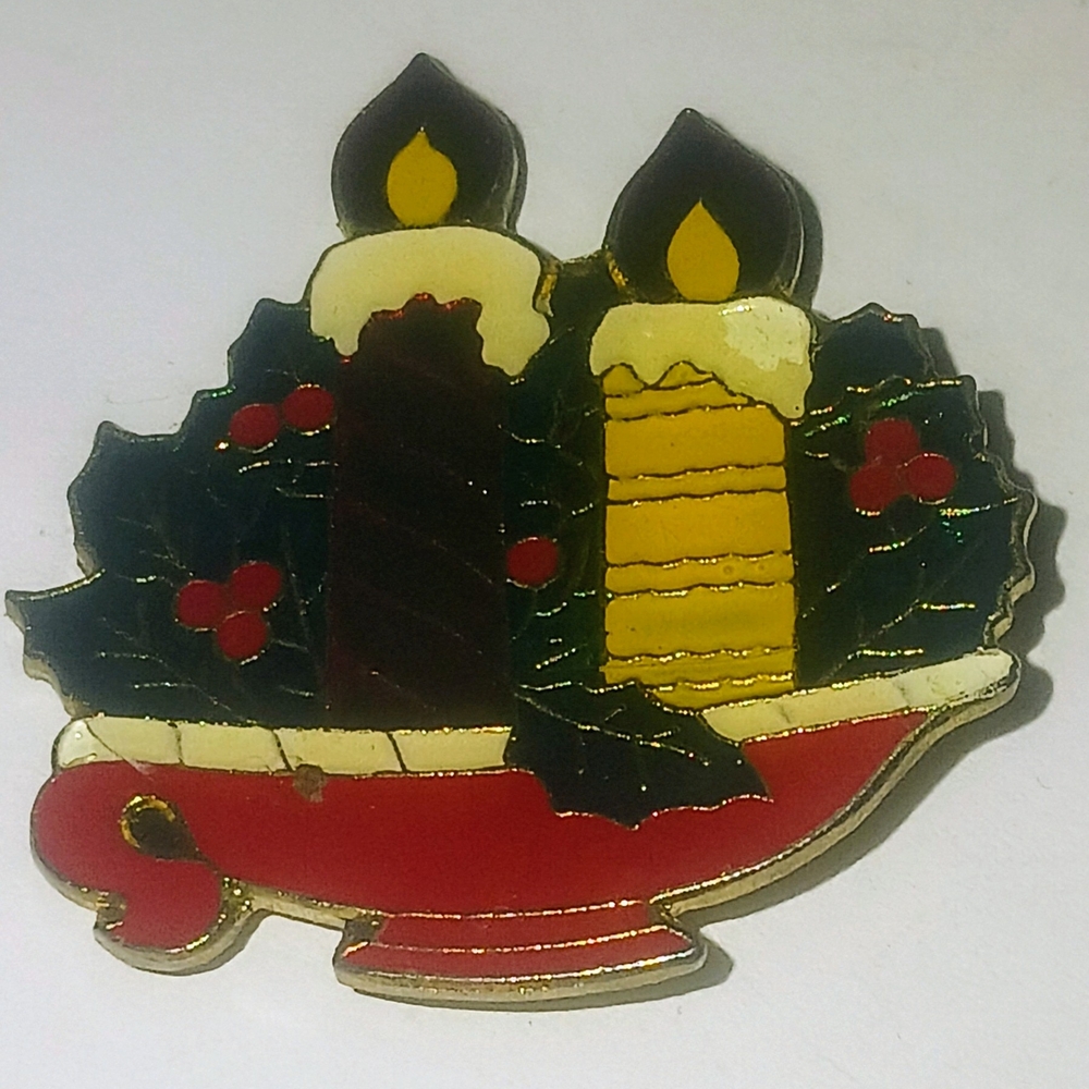 Festive Red and Yellow Candle Brooch with Holly